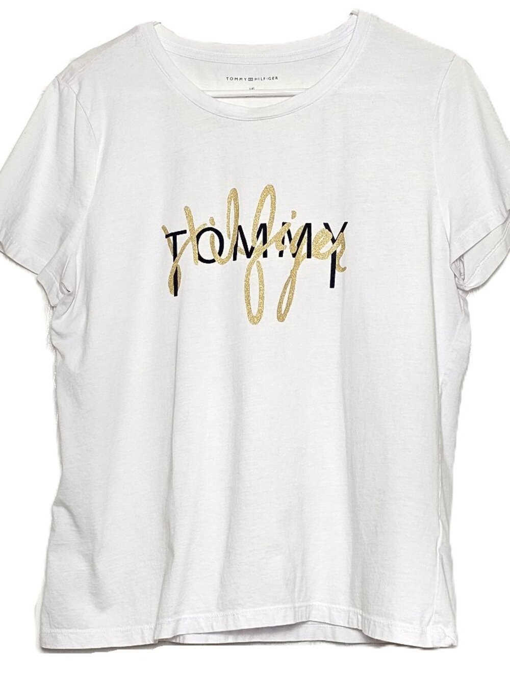 Tommy Hilfiger Women's White Gold Glitter Logo Short Sleeve T-Shirt Size L/G